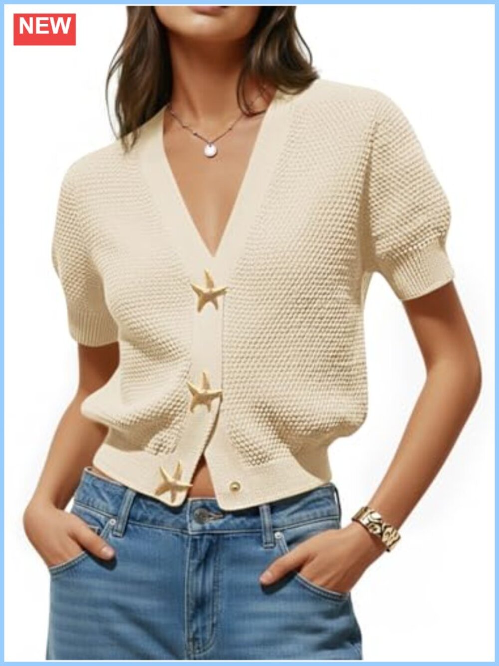 Women's Puff Short Sleeve V-Neck Cardigan Lightweight Knit Sweater Top